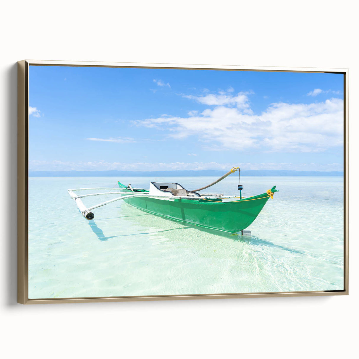 Framed canvas of a Caribbean landscape with vibrant blue waters and lush green islands, ideal for bedroom wall art.