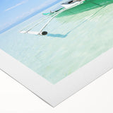 Art deco poster of Caribbean Virgin Islands in vibrant blues and greens on rolled canvas, ideal for dining room wall art.