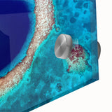 Acrylic print of a large abstract wall art featuring mid-century modernist style with vibrant blue and green hues.