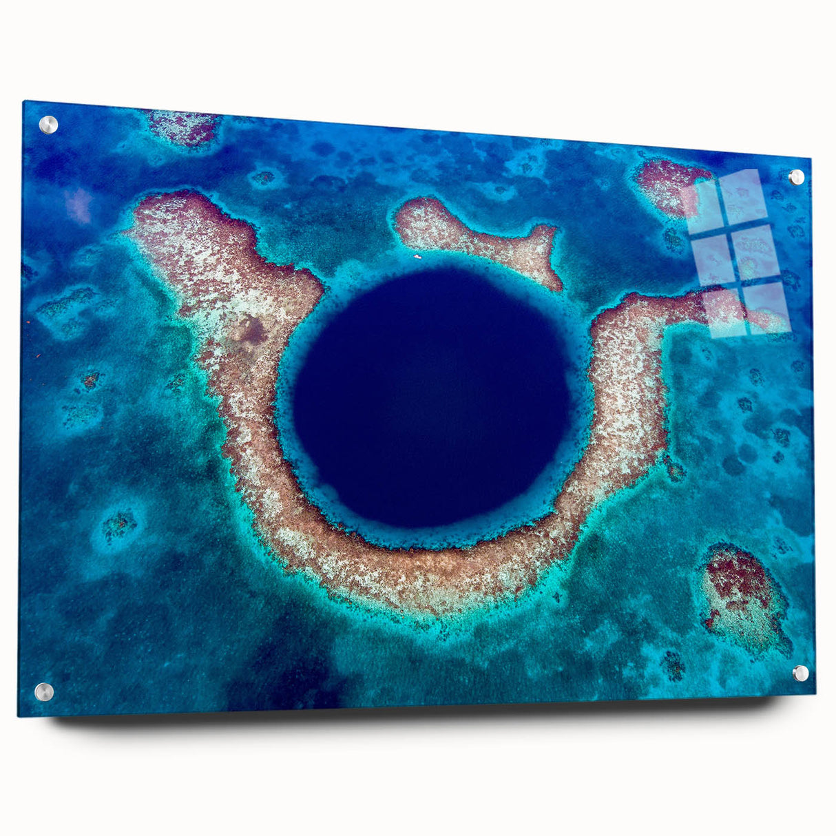 Large abstract wall art depicting a Central American scenery in vibrant colors on acrylic glass.