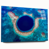 Large abstract wall art depicting a serene Belize landscape in soft blue and green tones on acrylic glass.