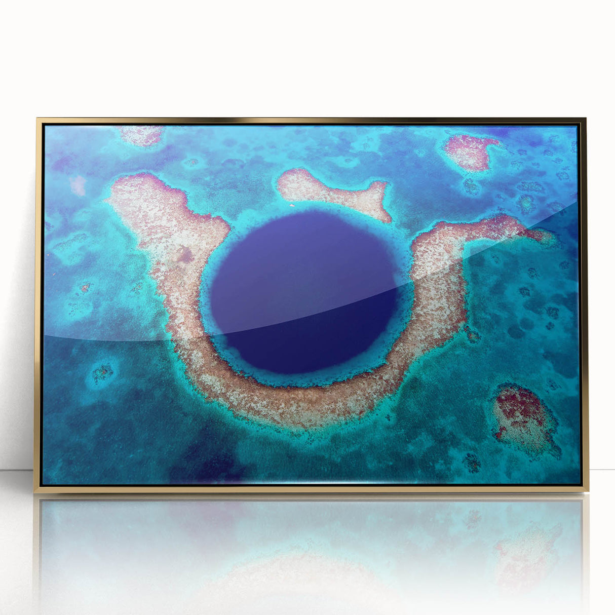 Mid-century modernist acrylic print of a Central American scenery in gold frame, suitable for modern art wall decor.