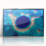 Mid-century modernist art depicting a serene Belize landscape in cool blue tones, framed in silver acrylic.