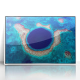 Art deco poster of Central America scenery in Belize, featuring muted green and blue tones on white framed acrylic.