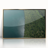 Framed acrylic print of a Costa Rican landscape with lush greenery and mountains, in mid-century modern style.