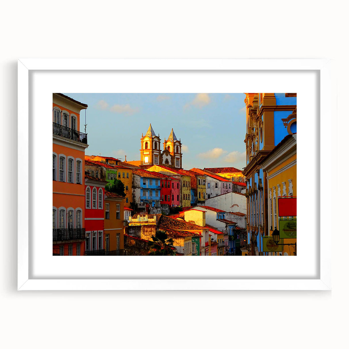 Abstract art print of El Salvador scenery in muted earth tones, framed in white, suitable for bedroom or dining room decor.