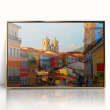 Framed acrylic print of El Salvador scenery in mid-century modernist style, featuring earthy tones.