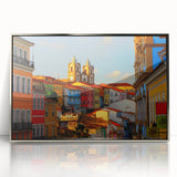 Mid-century modernist art depicting a serene El Salvador landscape in acrylic, framed in silver, ideal for nursery wall art.