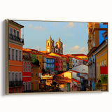 Framed canvas depicting a vintage-style landscape of El Salvador with muted gold and black tones, ideal for bedroom wall art.