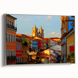 Framed canvas landscape art painting featuring a colorful vintage poster of El Salvador scenery, ideal for living room decor.