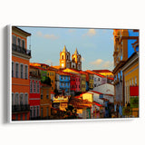 Vintage poster art of a Central American scenery on a framed canvas, featuring colorful elements on a black background.