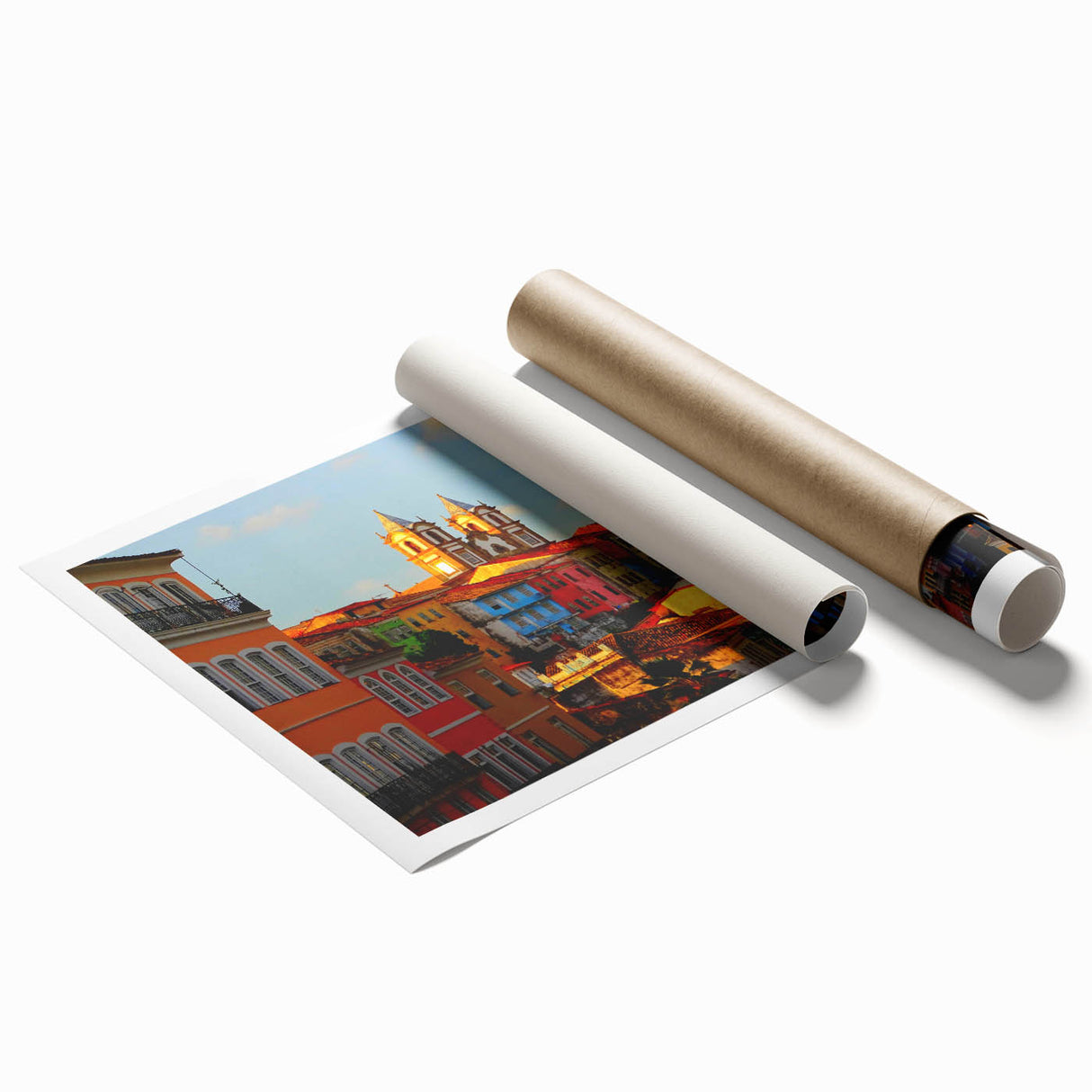 Extra large rolled print of a Salvadoran landscape with vibrant floral elements, ideal for classy bathroom wall art.