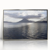 Mid-century modernist art depicting Guatemala scenery in muted earth tones on a silver-framed acrylic print.