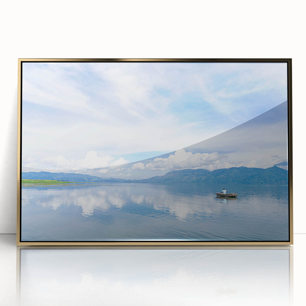 Mid-century modernist acrylic print of a Central American landscape in gold frame, suitable for nursery wall decor.