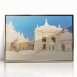 Mid-century modernist style acrylic print of a Central American landscape, framed in gold, ideal for modern art wall decor.