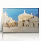 Mid-century modernist art depicting a serene Nicaraguan landscape in muted earth tones, framed in silver acrylic.