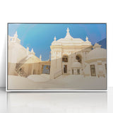 Art deco poster of a Nicaraguan landscape with lush greenery and mountains, presented in a white framed acrylic.