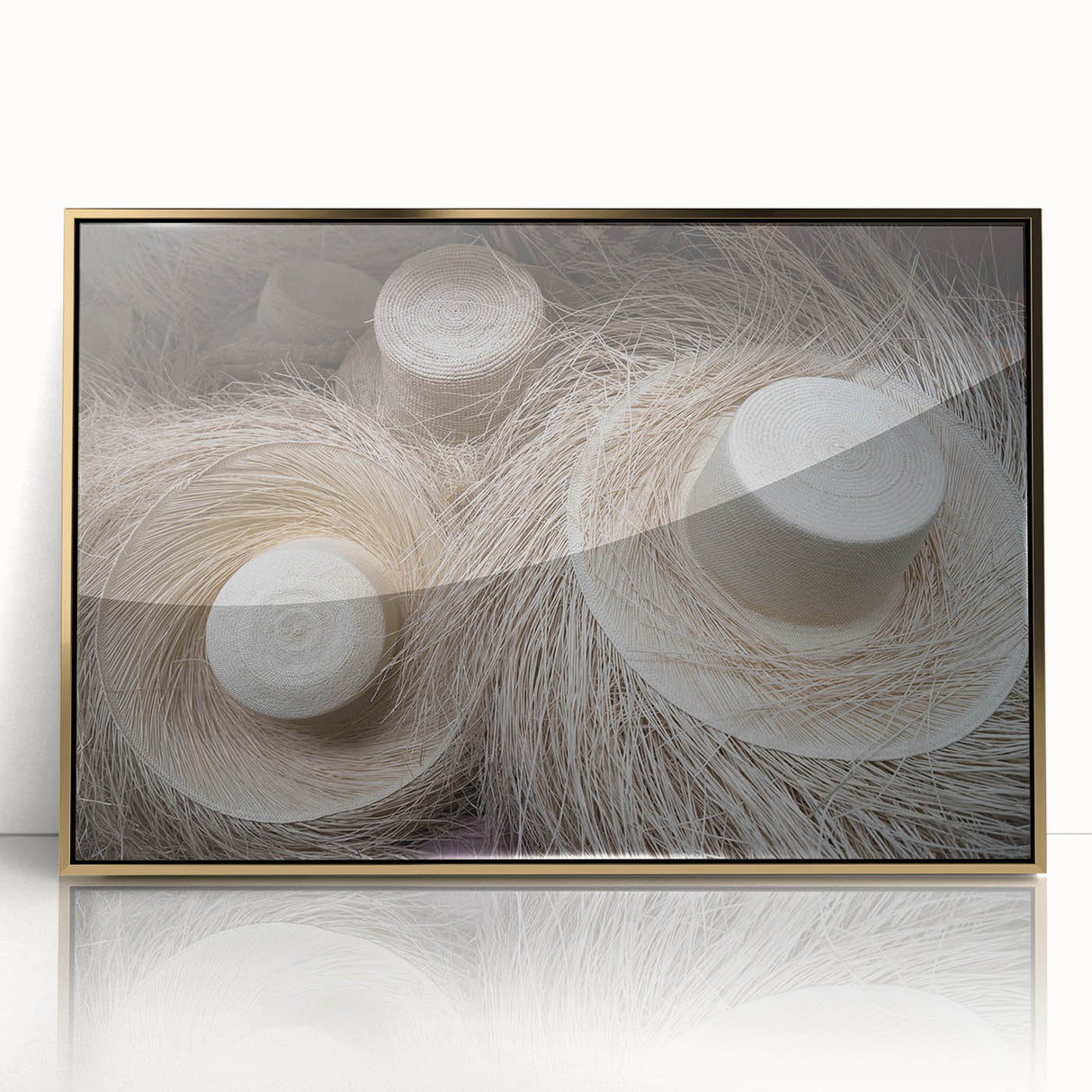 Framed acrylic print of a mid-century modernist Central America Panama scenery in gold tones.