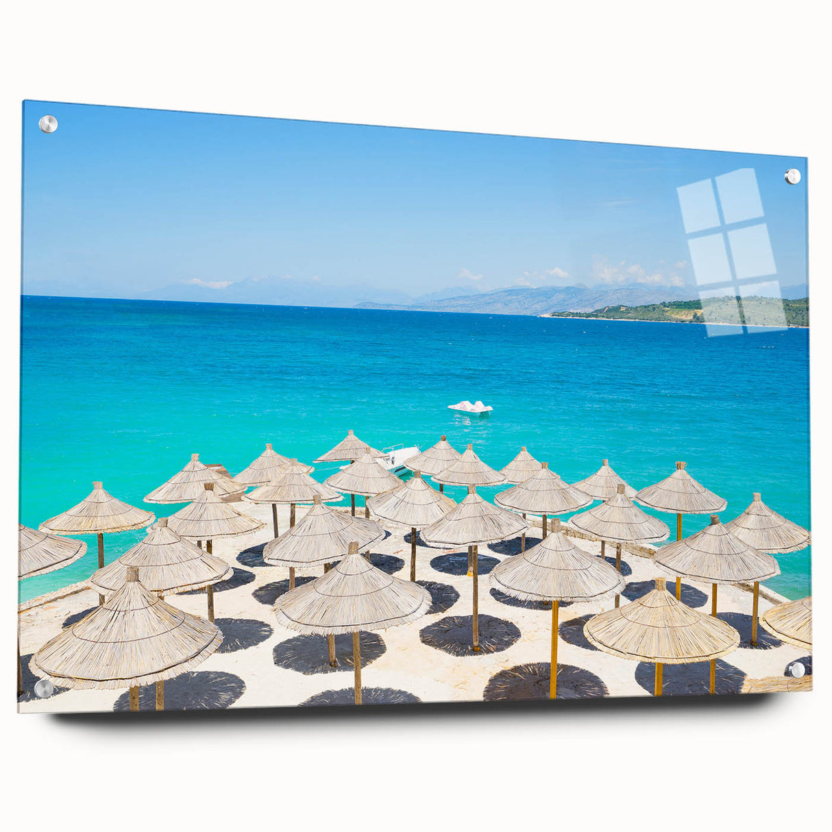 Acrylic print of a serene Albanian landscape in soft pastel colors, suitable for bedroom or dining room decor.