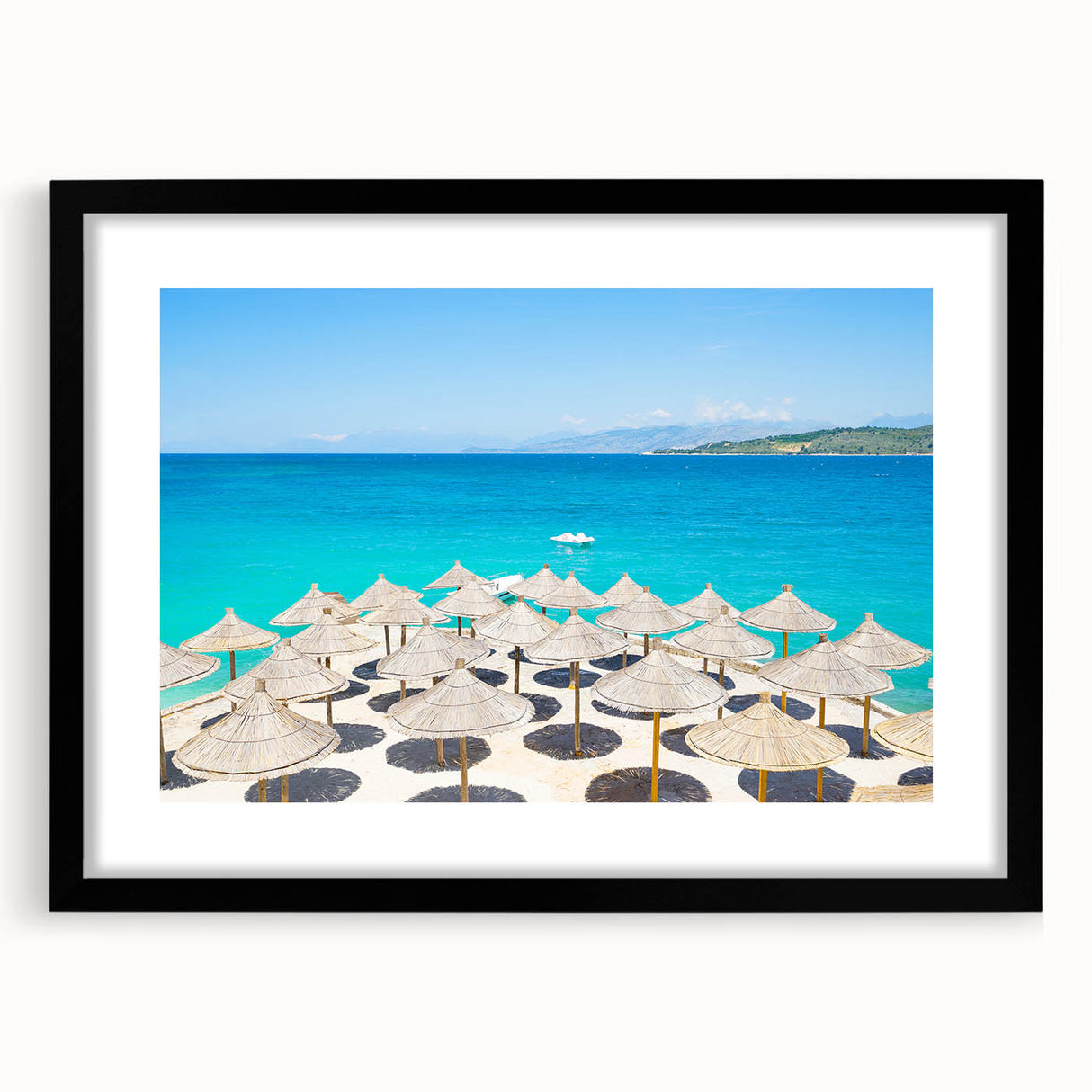Abstract art print of a colorful European scenery in vibrant hues on a large framed canvas, suited for living room decor.