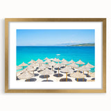 Abstract art print of a European landscape in muted earth tones on a gold-framed canvas, suitable for dining room decor.