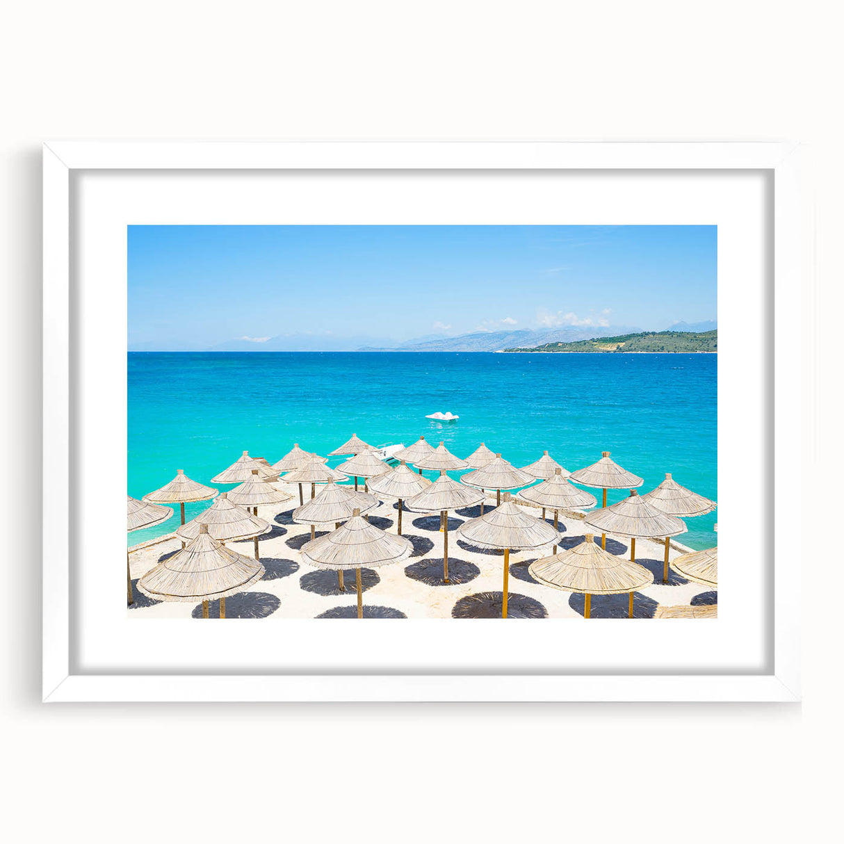 Textured abstract art print of a European scenery on canvas, framed in white, suitable for bedroom decor.