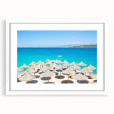 Textured abstract art print of a European scenery on canvas, framed in white, suitable for bedroom decor.