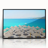 Large abstract wall art featuring a mid-century modernist European scenery in muted earth tones, framed in black acrylic.