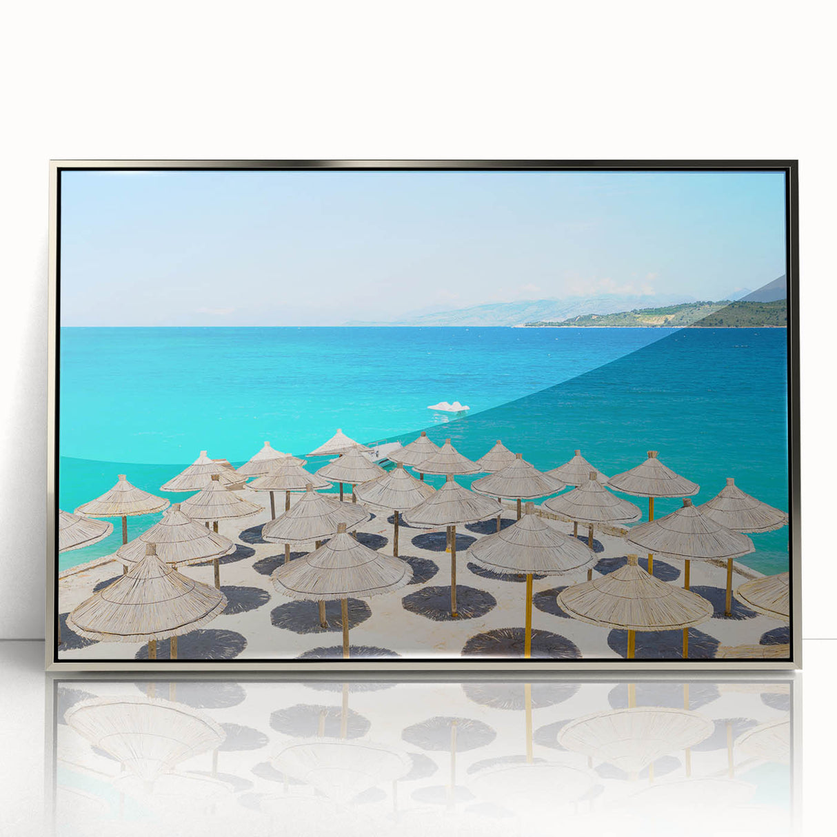 Large art print of a mid-century modernist Albanian landscape in silver acrylic frame, suitable for modern decor.