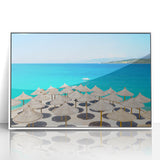 Mid-century modernist art depicting a European Albanian landscape in muted earth tones on a framed acrylic panel.