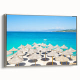 Landscape art painting of a scenic Albanian view on framed canvas, featuring vibrant colors with a vintage poster style.