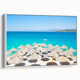 Vintage poster art of a European Albanian landscape on a framed canvas, featuring colorful art on a black background.