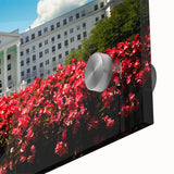 Large abstract wall art depicting a European scenery in muted earth tones on acrylic glass.