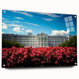 Large abstract wall art depicting a European scenery in muted earth tones on acrylic glass.