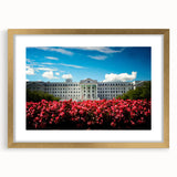 Abstract art print of a European landscape in muted earthy tones on a framed canvas, suitable for dining room decor.