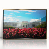 Art deco poster of an Austrian landscape in muted gold and green tones, framed acrylic, ideal for modern nursery wall decor.