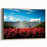 Framed canvas depicting a vintage European landscape in muted gold and black tones, ideal for bedroom wall art.