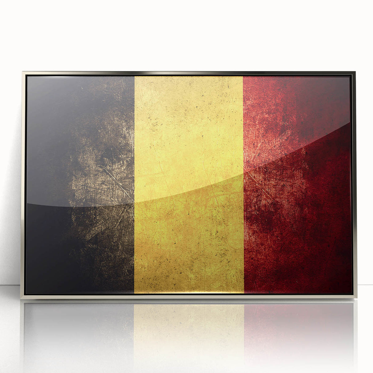 Large art print of a scenic Belgian landscape in muted earth tones, framed in silver acrylic.