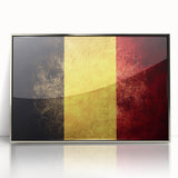 Large art print of a scenic Belgian landscape in muted earth tones, framed in silver acrylic.