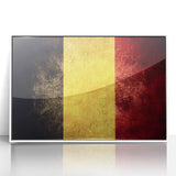 Mid-century modernist art depicting a serene Belgian landscape in muted earth tones, framed acrylic.