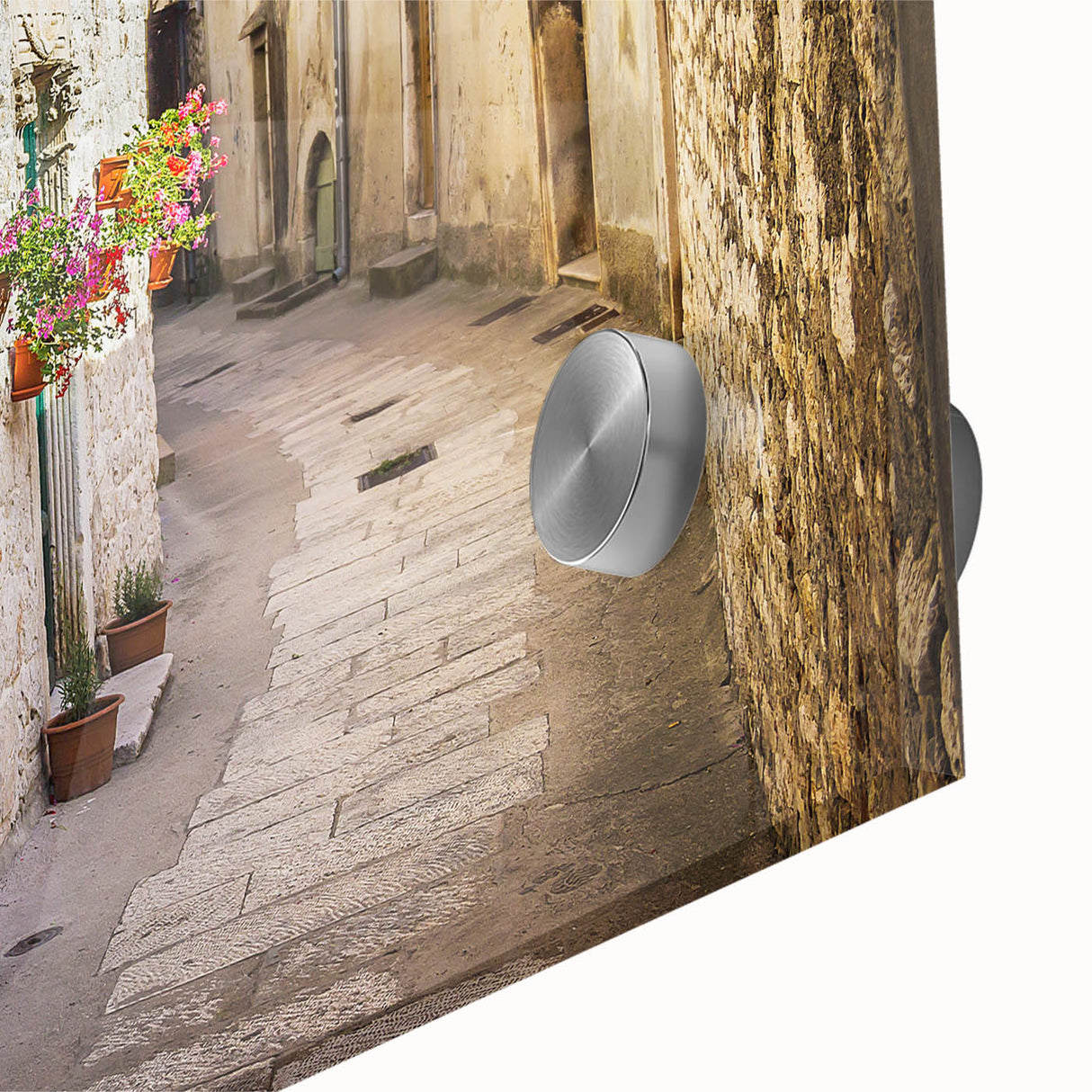 Large abstract wall art depicting a Croatian landscape in muted earth tones on acrylic glass, ideal for dining room ambiance.