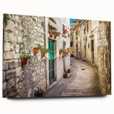 Large abstract wall art of a Croatian landscape in muted blues and greens on acrylic glass.