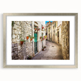 Extra large abstract art print of a European scenery in Croatia, featuring textured shades of blue and gray.
