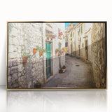 Acrylic print of a Croatian landscape in gold frame, featuring serene blue and green tones, ideal for modern art wall decor.