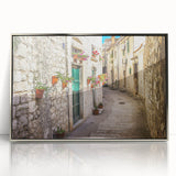 Large art print of a Croatian landscape in silver-framed acrylic, featuring mid-century modernist style.