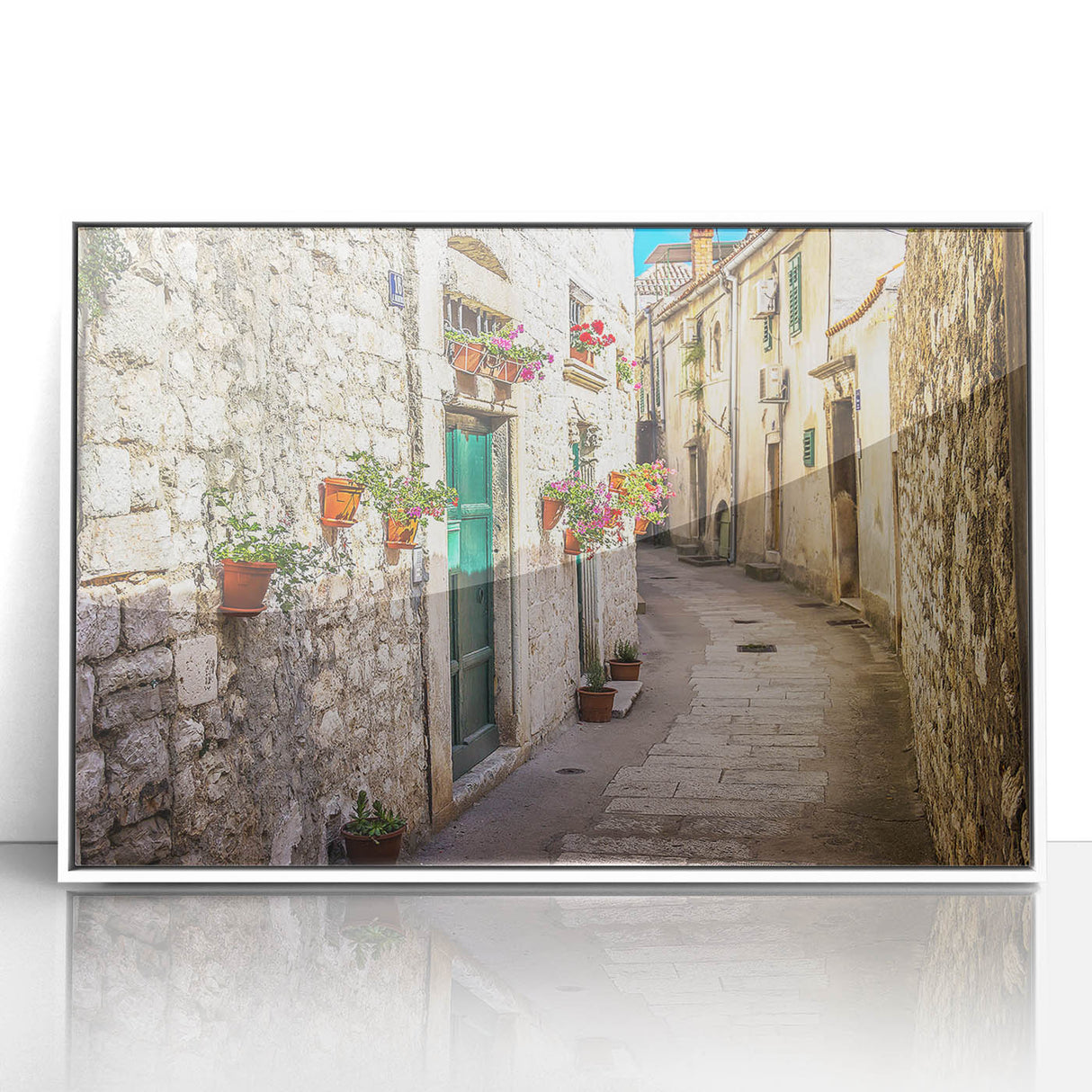 Mid-century modernist art depicting a Croatian landscape in muted earth tones on a framed acrylic.