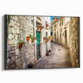 Black and white framed canvas of a vintage Croatian landscape, ideal for bedroom wall decor.