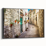 Black and white framed canvas of a vintage Croatian landscape, ideal for bedroom wall decor.