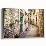 Landscape art painting of a Croatian coastal scene on framed canvas, displaying muted blues and greens.