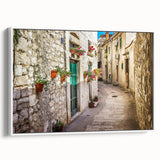 Vintage poster art of a Croatian landscape on a framed canvas, featuring vibrant colors, ideal for living room decor.